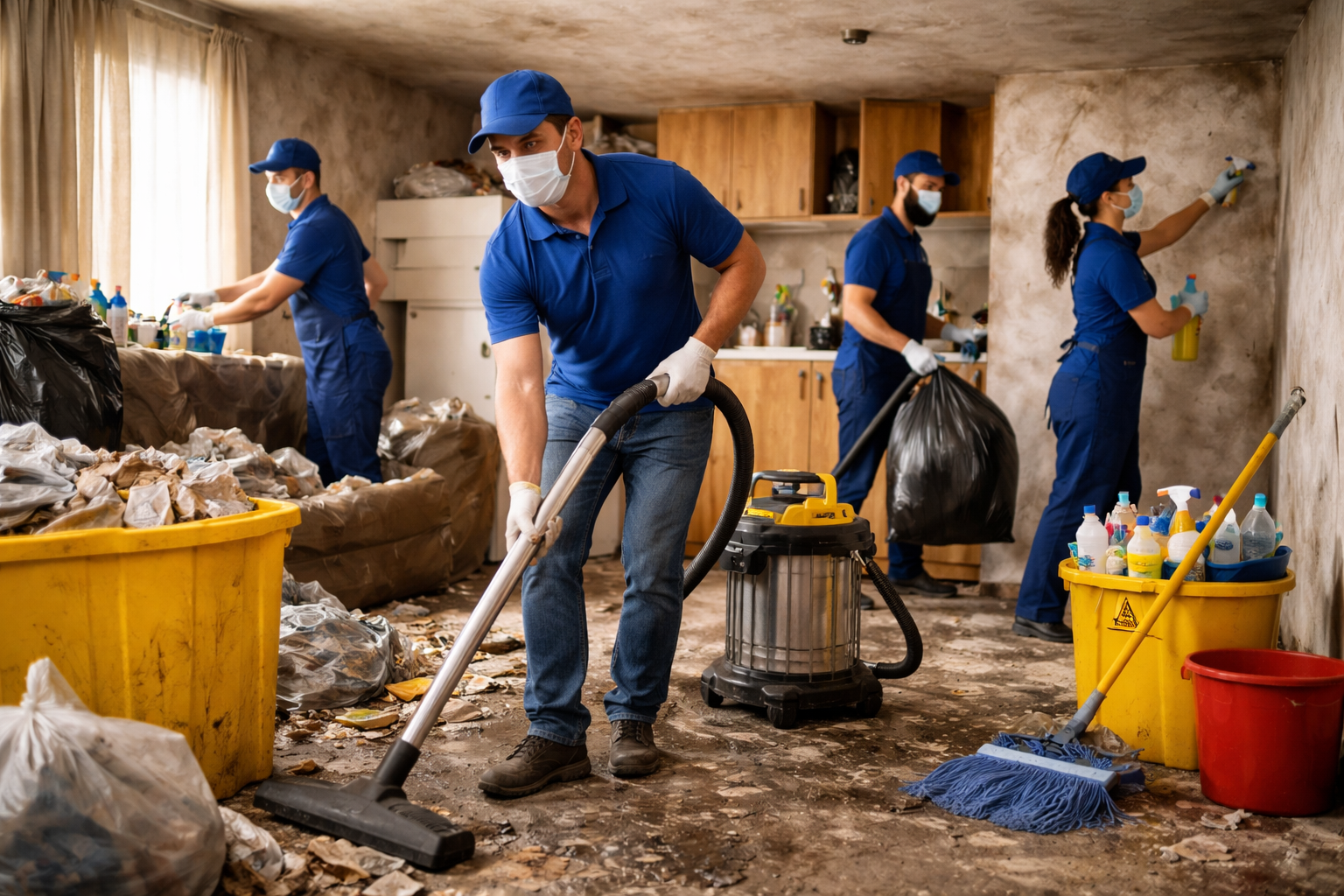 Nettoyage et débarras de déchets dans une maison avec équipe en action.
